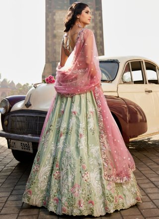 Sea Green Satin Lehenga Choli with Beads, Embroidered, Sequins, Stone and Zari Work