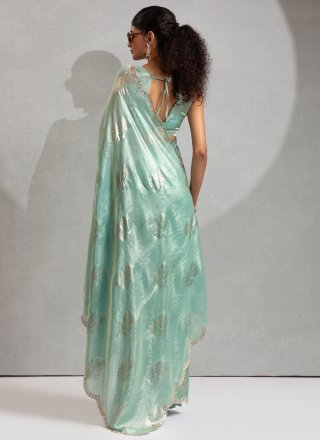 Sea Green Satin Silk Hand and Zircon Work Classic Sari