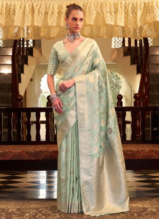 Sea Green Satin Silk Weaving and Zari Work Trendy Saree