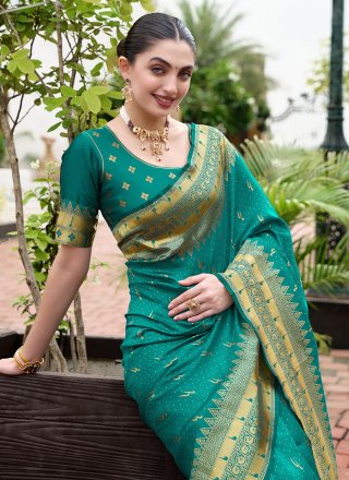 Sea Green Silk Blend Trendy Saree with Floral Patch and Weaving Work for Ceremonial