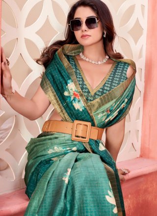 Sea Green Silk Checks and Floral Patch Work Contemporary Sari