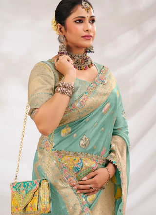 Sea Green Silk Classic Saree with Fancy Work for Engagement