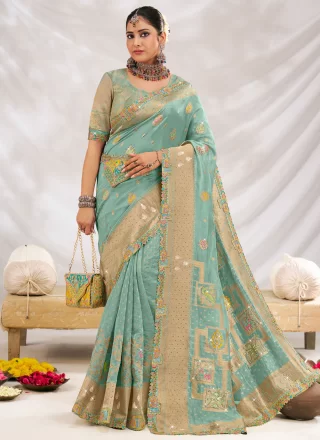 Sea Green Silk Classic Saree with Fancy Work for Engagement
