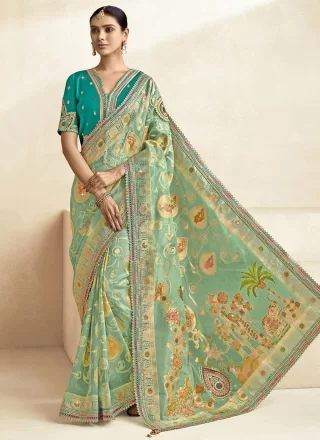 Sea Green Silk Classic Sari with Cut, Jacquard, Lace, Stone, Weaving and Zari Work