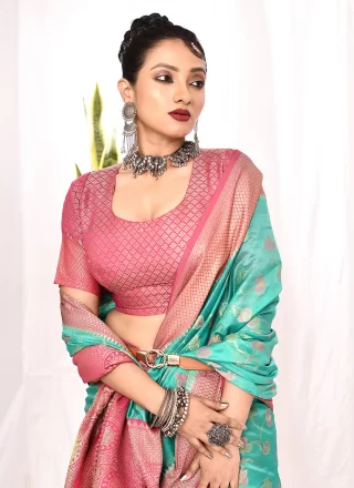 Sea Green Silk Classic Sari with Floral Patch and Woven Work