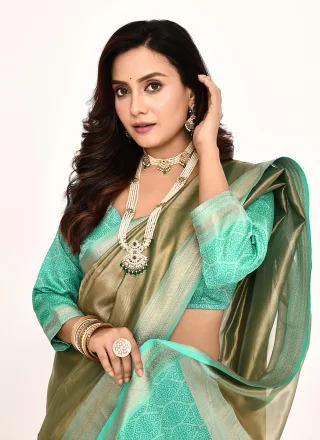 Sea Green Silk Contemporary Saree with Plain and Woven Work for Women