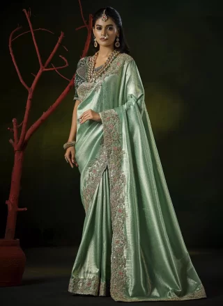 Sea Green Silk Cut, Embroidered, Sequins, Weaving and Zari Work Contemporary Saree
