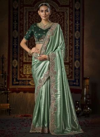 Sea Green Silk Cut, Embroidered, Sequins, Weaving and Zari Work Designer Saree