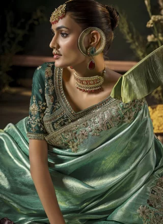 Sea Green Silk Cut, Embroidered, Sequins, Weaving and Zari Work Designer Sari for Engagement