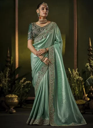 Sea Green Silk Cut, Embroidered, Sequins, Weaving and Zari Work Designer Sari for Engagement