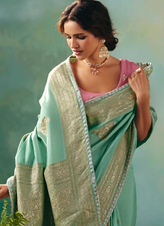 Sea Green Silk Embroidered and Weaving Work Contemporary Sari