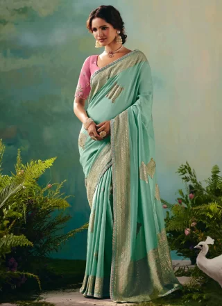 Sea Green Silk Embroidered and Weaving Work Contemporary Sari