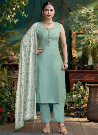Sea Green Silk Embroidered Work Salwar Suit