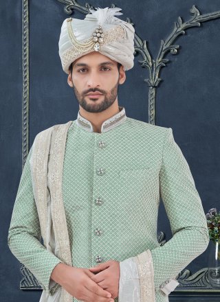Sea Green Silk Hand Work Sherwani Mens Wear