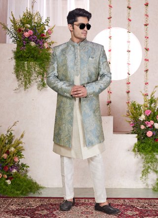 Sea Green Silk Indo Western with Embroidered Work for Engagement