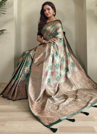 Sea Green Silk Jacquard and Weaving Work Designer Sari