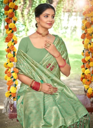 Sea Green Silk Meena Work Classic Saree for Women