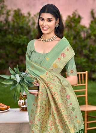 Sea Green Silk Meena Work Contemporary Sari for Ceremonial