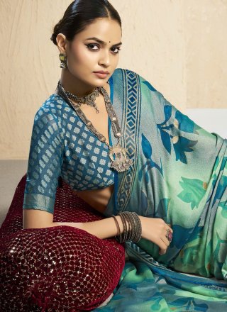 Sea Green Silk Print and Zari Work Classic Sari