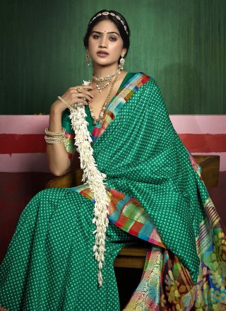 Sea Green Silk Print Work Contemporary Sari