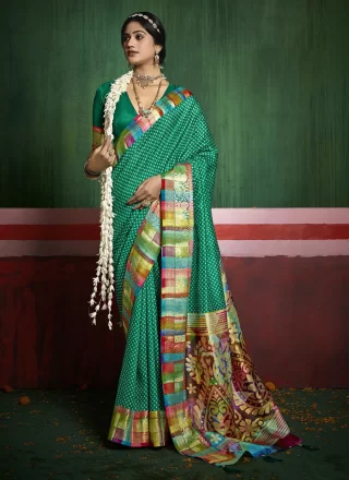 Sea Green Silk Print Work Contemporary Sari