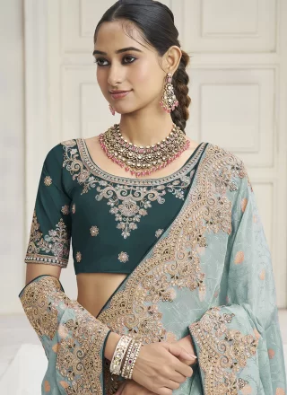 Sea Green Tissue Embroidered, Sequins and Zari Work Contemporary Saree