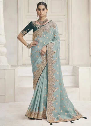 Sea Green Tissue Embroidered, Sequins and Zari Work Contemporary Saree