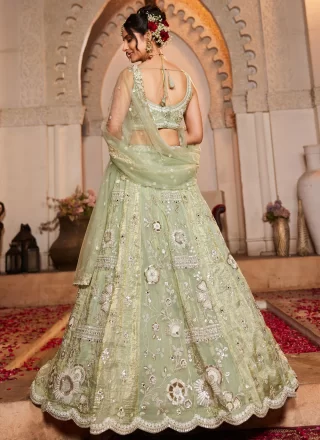 Sea Green Tissue Lehenga Choli with Beads, Embroidered, Mirror, Sequins, Stone and Zari Work