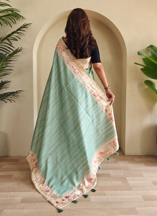 Sea Green Tussar Silk Embroidered and Floral Patch Work Contemporary Saree for Ceremonial