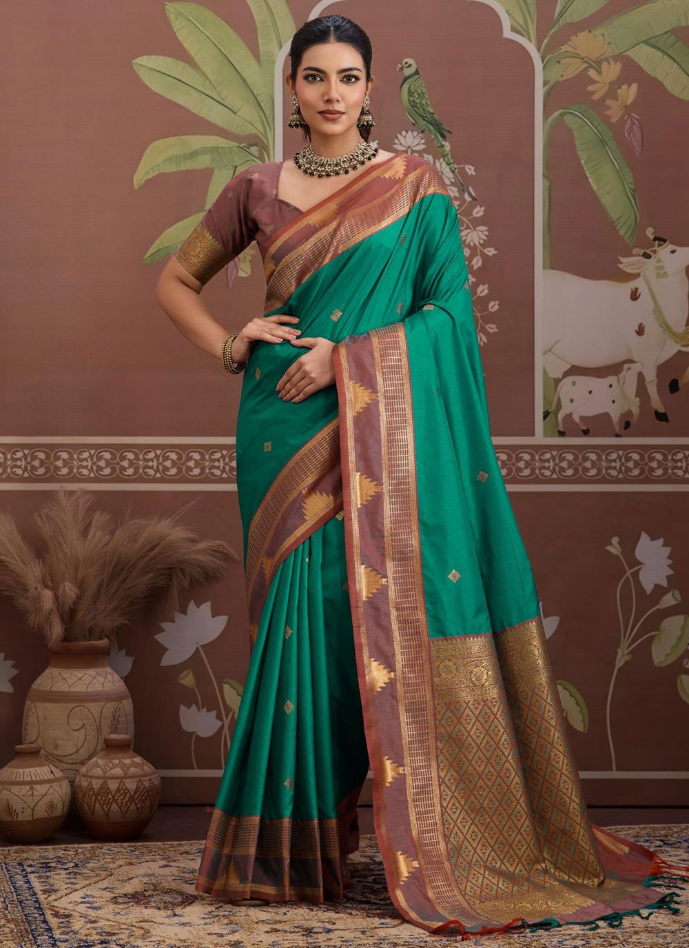 Sea Green Necklace Set Art Raw Silk Meena Saree and Sea Green Necklace Set  Art Raw Silk Meena Sari Online Shopping