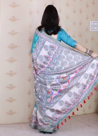 Sea Green Tussar Silk Trendy Saree with Patch Border and Digital Print Work for Casual