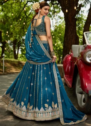 Sensational Blue Georgette A - Line Lehenga Choli with Embroidered, Sequins and Zari Work