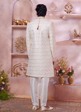 Sensational Cream Art Silk Sherwani Mens Wear with Hand Work