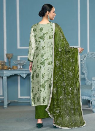 Sensible Green Organza Palazzo Salwar Suit with Hand and Print Work