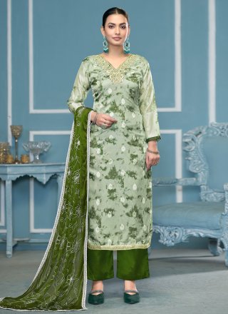 Sensible Green Organza Palazzo Salwar Suit with Hand and Print Work