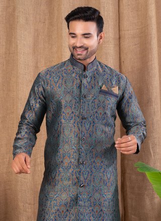 Sensible Multi Colour Jacquard Indo Western with Buttons Work