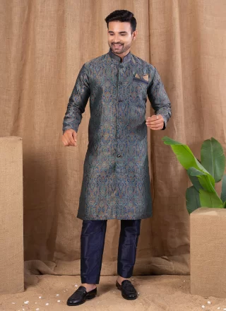 Sensible Multi Colour Jacquard Indo Western with Buttons Work