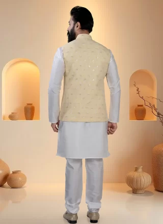 Sequins and Thread Work Cotton Silk Kurta Payjama with Jacket In White and Yellow