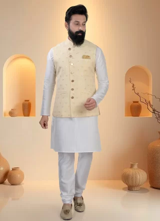 Sequins and Thread Work Cotton Silk Kurta Payjama with Jacket In White and Yellow