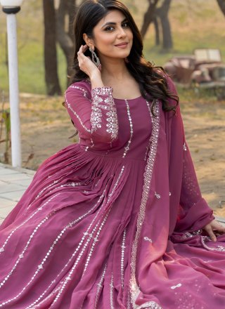 Sequins and Thread Work Faux Georgette Gown In Purple
