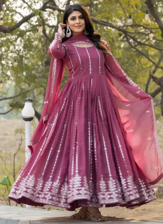 Sequins and Thread Work Faux Georgette Gown In Purple