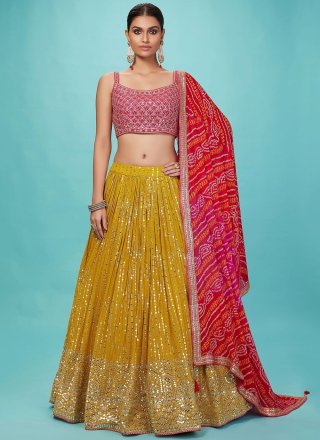 Sequins and Thread Work Georgette A - Line Lehenga Choli In Mustard Color