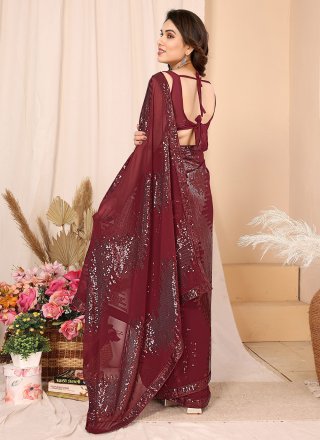 Sequins and Thread Work Georgette Classic Sari In Maroon Color