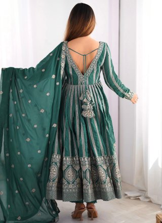 Sequins and Thread Work Georgette Readymade Salwar Suit In Teal Color