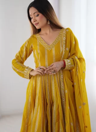Sequins and Thread Work Georgette Salwar Suit In Yellow Color