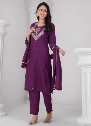 Sequins and Thread Work Rayon Readymade Salwar Suit In Purple