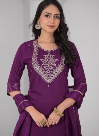 Sequins and Thread Work Rayon Readymade Salwar Suit In Purple