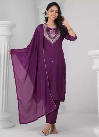 Sequins and Thread Work Rayon Readymade Salwar Suit In Purple