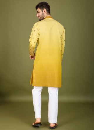 Sequins and Thread Work Silk Kurta Mens Wear In Yellow Color