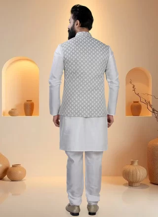 Sequins and Thread Work Silk Kurta Payjama with Jacket In Grey and White for Ceremonial